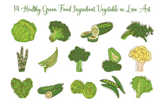 14 Healthy Green Food Vegetable in Line Art