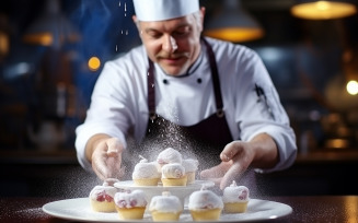 Closeup of a concentrated male pastry chef decorating dessert