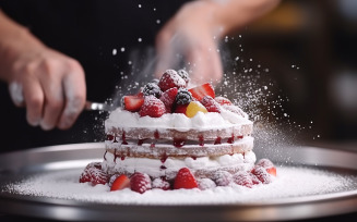 Closeup of concentrated male pastry chef decorating dessert in the kitchen