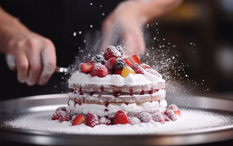 Closeup of concentrated male pastry chef decorating dessert in the kitchen Illustration