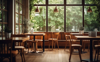 Cafe interior, wooden chair, tables, wooden furniture in cafe or restaurant