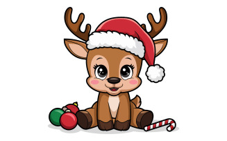 Cartoon Christmas Baby Reindeer with Santa Claus Hat Clipart in white background