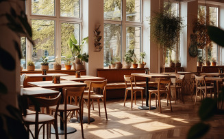 cozy cafe interior with wooden floor and tables