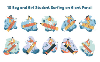 10 Boy and Girl Student Surfing on Giant Pencil