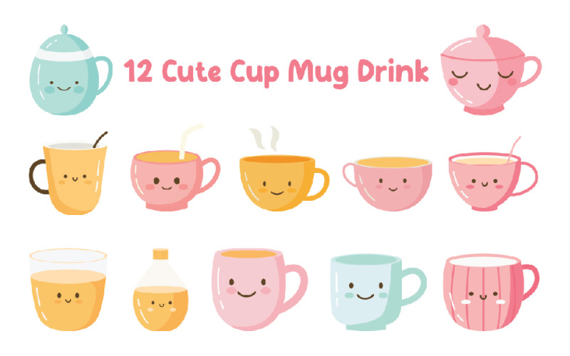 12 Cute Cup Mug Drink Character Illustration