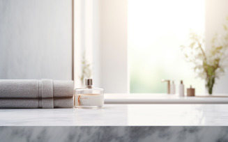 Empty marble top table with blurred bathroom interior Background