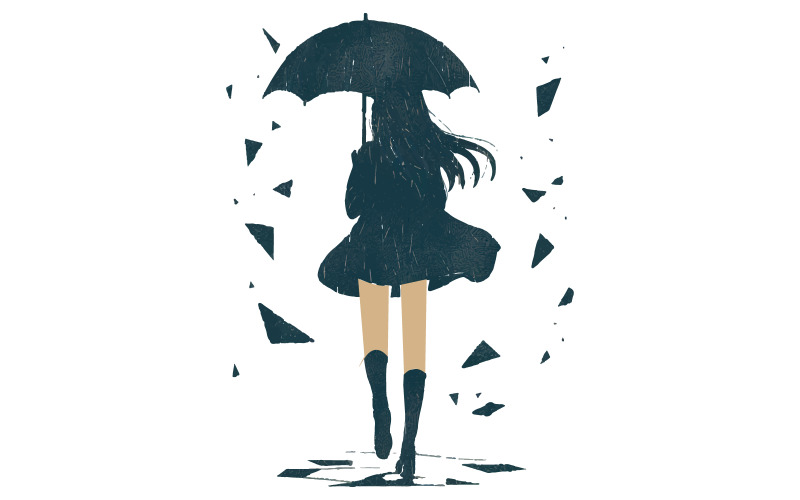 female figure with long hair holding an umbrella and walking Illustration