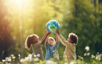 group of children play with planet earth over