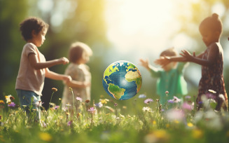 group of children play with planet earth