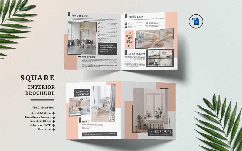 Interior Design Square Bifold Brochure. Photoshop Template Corporate Identity