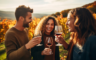 A multiracial group of young adults raise their glasses of red wine in celebration while enjoying