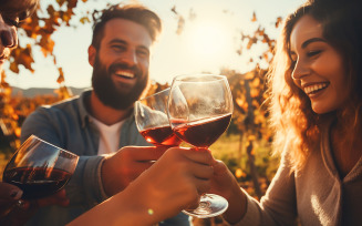 friends toasting wine in a vineyard at daytime