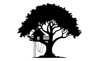 Tree house silhouette vector art illustration with white background