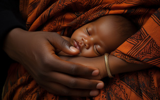 Close up portrait of beautiful young African American mother holding sleep newborn baby