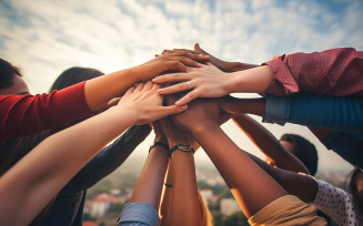 Close up top view photo of diverse business people putting their arms together