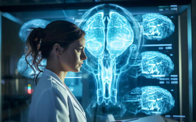 Doctor surgeon and neurologist use robotic and medical technology diagnose and examine patient Illustration