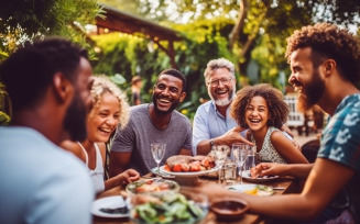 Laughing family and friends toasting with wine while standing around a table outside