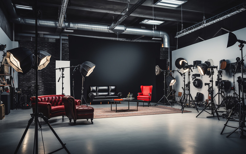 Modern photo studio interior with professional lighting equipment Illustration
