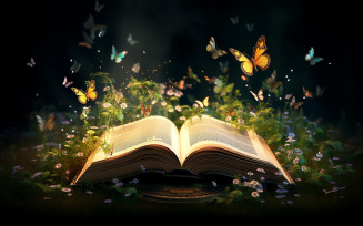 Open magic fantasy book with growing lights magic powder butterflies magic book