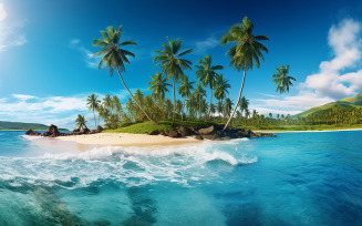 Panorama of beautiful beach with coconut palms in tropical island, Seychelles. Summer vacation