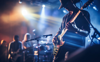 Selective focus on a face of a man singing and playing a guitar