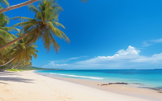 Tropical island paradise sea beach, ocean water, green coconut palm tree leaves