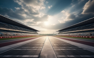 View of the infinity empty asphalt international race track with starting or end line