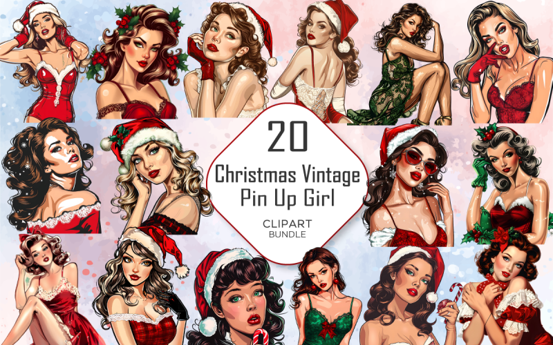 Christmas Vintage Pin Up Girl Clipart Bundle Illustration