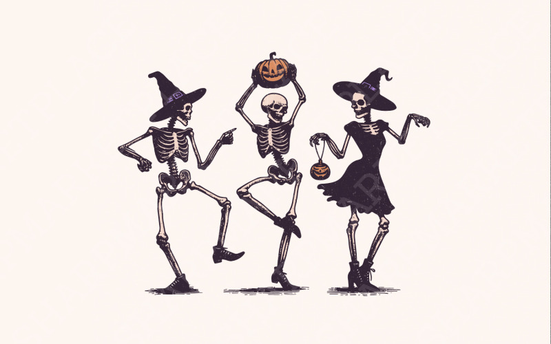 Dancing Skeletons png, halloween skeleton, spooky season png, funny halloween png, skeleton dance Illustration
