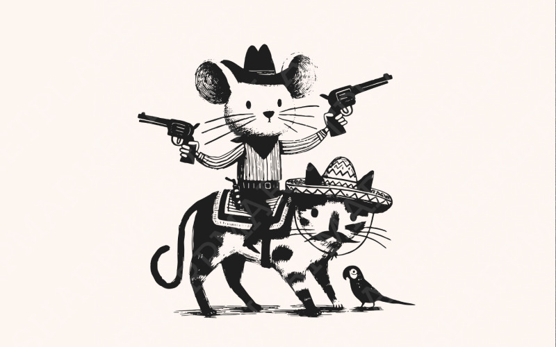 Mouse Cowboy, Cat png, Mouse png, Cowboy png, Funny Cat Clipart, Rodeo Mouse PNG, Animal Illustration