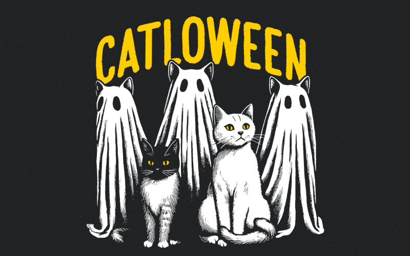 Cute Halloween Cat PNG, Ghost Cat png, Halloween png, Black Cat PNG, Spooky Season, Retro Halloween Illustration