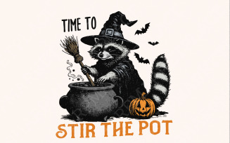 Time To Stir The Pot PNG, Funny Raccoon png, Retro Halloween PNG, Witches Brew, Trendy Halloween