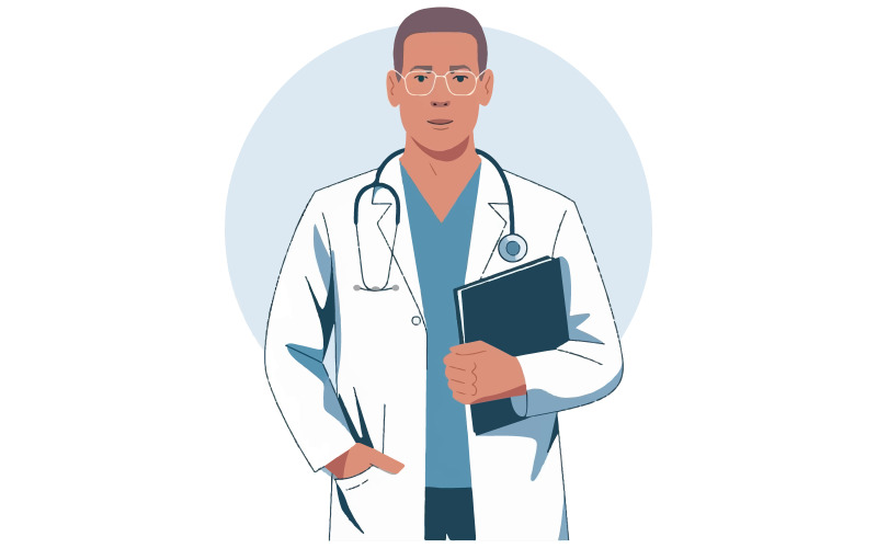 An illustration of a doctor in a white coat holding a folder in his hand Illustration