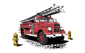 An illustration of a vintage red fire truck on a white background