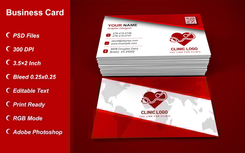 Business Card Template for Clinic - Doctor - Hospital - Customizable Designs - 606 Corporate Identity
