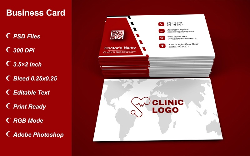 Business Card Template for Clinic - Doctor - Hospital - Customizable Designs - 608 Corporate Identity