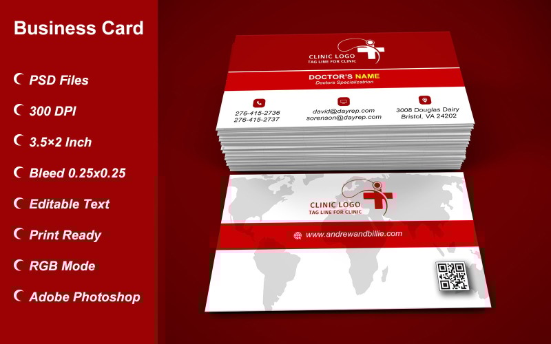 Business Card Template for Clinic - Doctor - Hospital - Customizable Designs - 609 Corporate Identity
