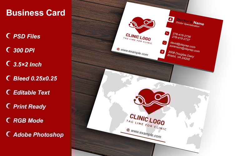 Business Card Template for Clinic - Doctor - Hospital - Customizable Designs - 610 Corporate Identity