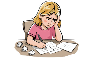 Girl sitting at a table and doing her homework illustration