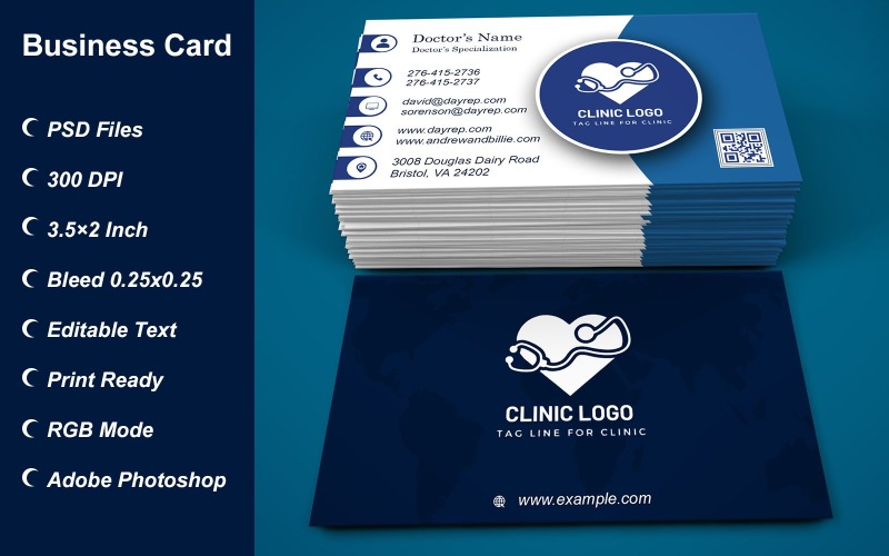 Business Card Template for Clinic - Doctor - Hospital - Customizable Designs - 619 Corporate Identity
