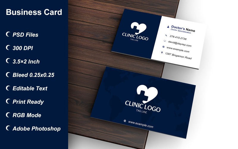 Business Card Template for Clinic - Doctor - Hospital - Customizable Designs - 622 Corporate Identity