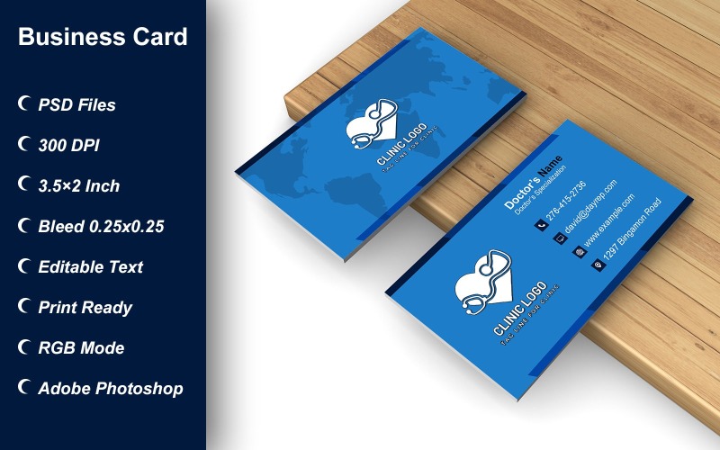 Business Card Template for Clinic - Doctor - Hospital - Customizable Designs - 625 Corporate Identity