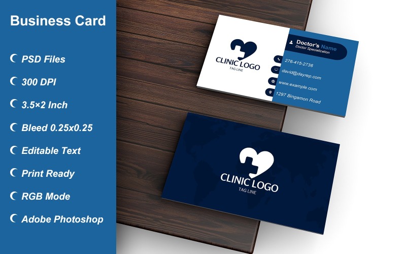 Business Card Template for Clinic - Doctor - Hospital - Customizable Designs - 627 Corporate Identity