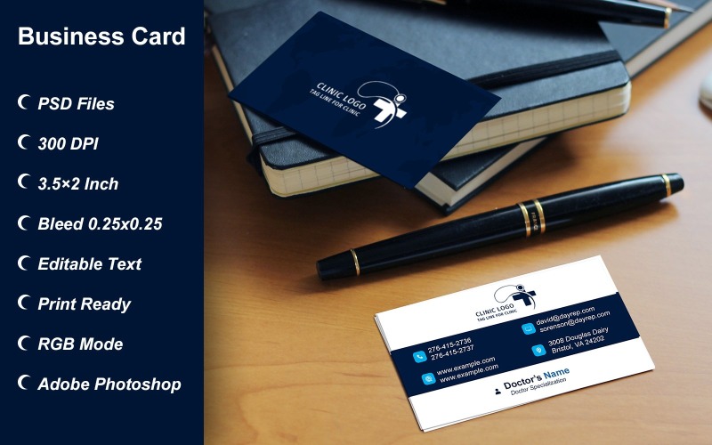 Business Card Template for Clinic - Doctor - Hospital - Customizable Designs - 628 Corporate Identity