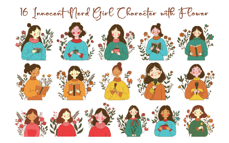16 Innocent Nerd Girl Character with Flower Illustration