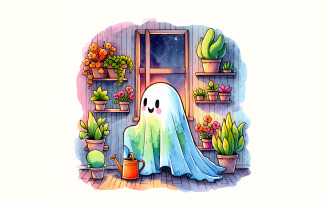 Cute Ghost with Houseplants PNG, Whimsical Garden Decor, Spooky Cute Illustration, Plant Lover