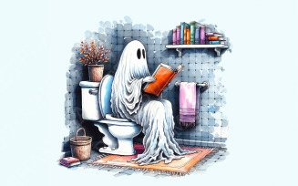 Funny Ghost Reading on Toilet T-Shirt Design, Cute Halloween Digital Download, Quirky Bathroom