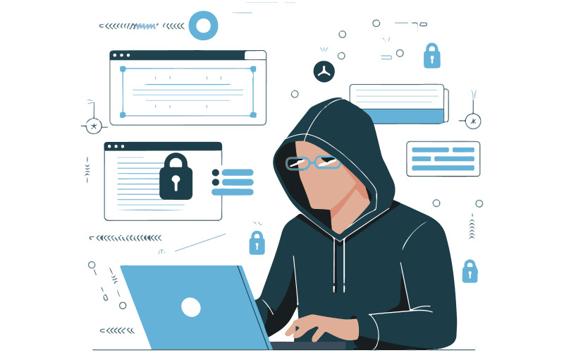 There is a hacker wearing a hoodie and using a laptop Illustration