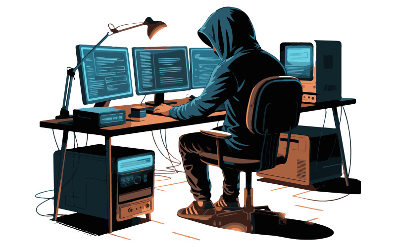 There is a hacker wearing hoodie and using a laptop Illustration