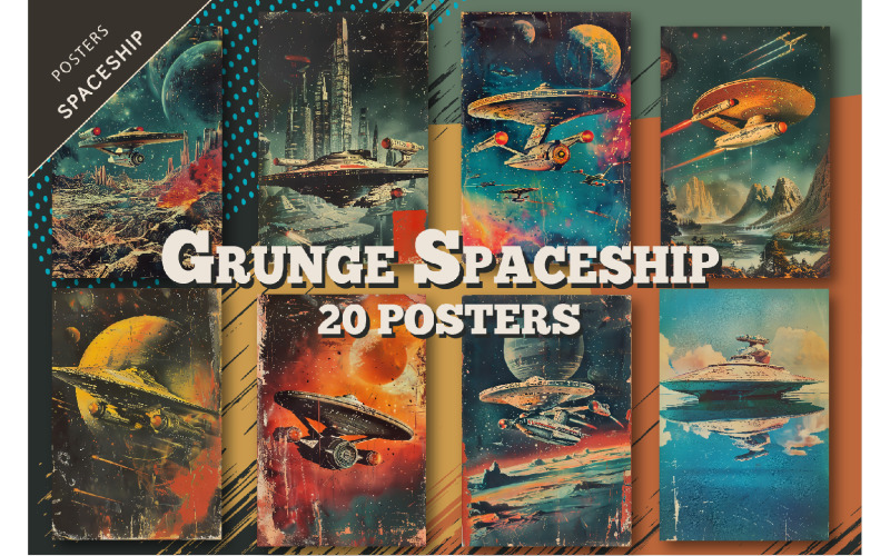 Grunge Spaceship Posters. Retro Art. Illustration